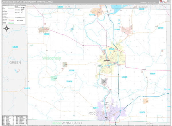 Janesville-Beloit, WI Metro Area Wall Map